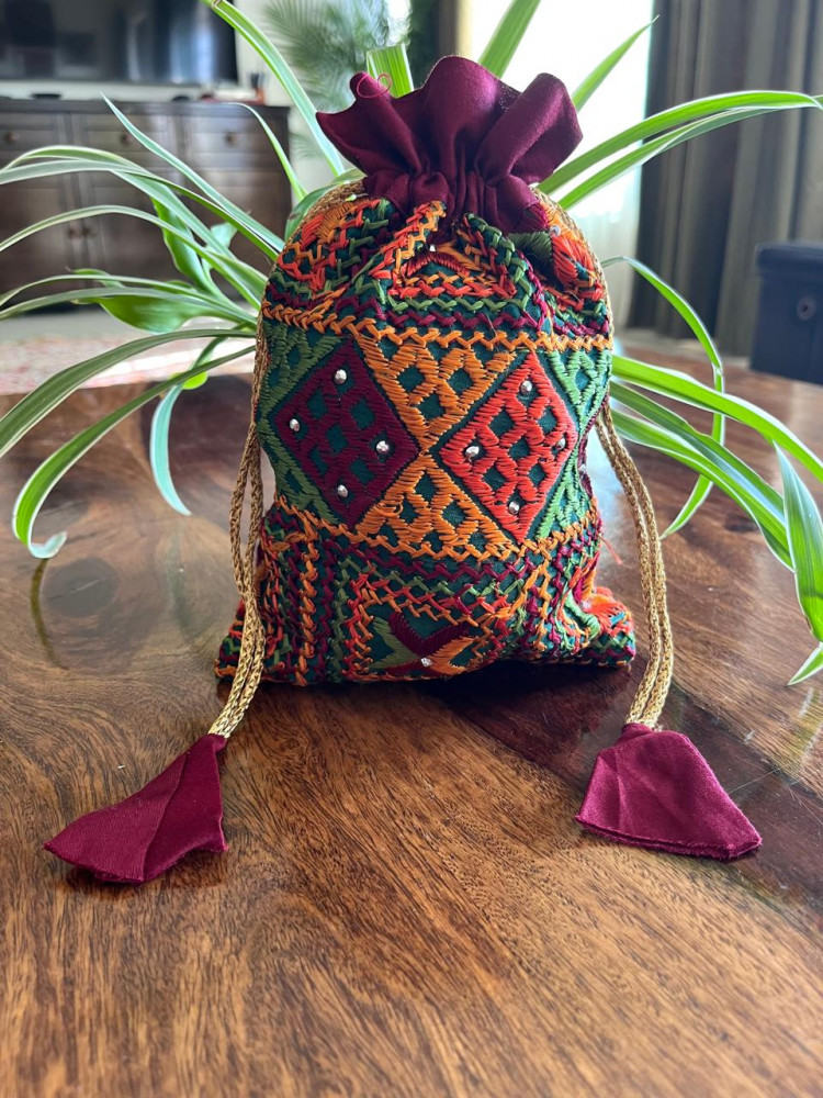 Image of Beautiful hand embroidered cotton Phulkari Potli