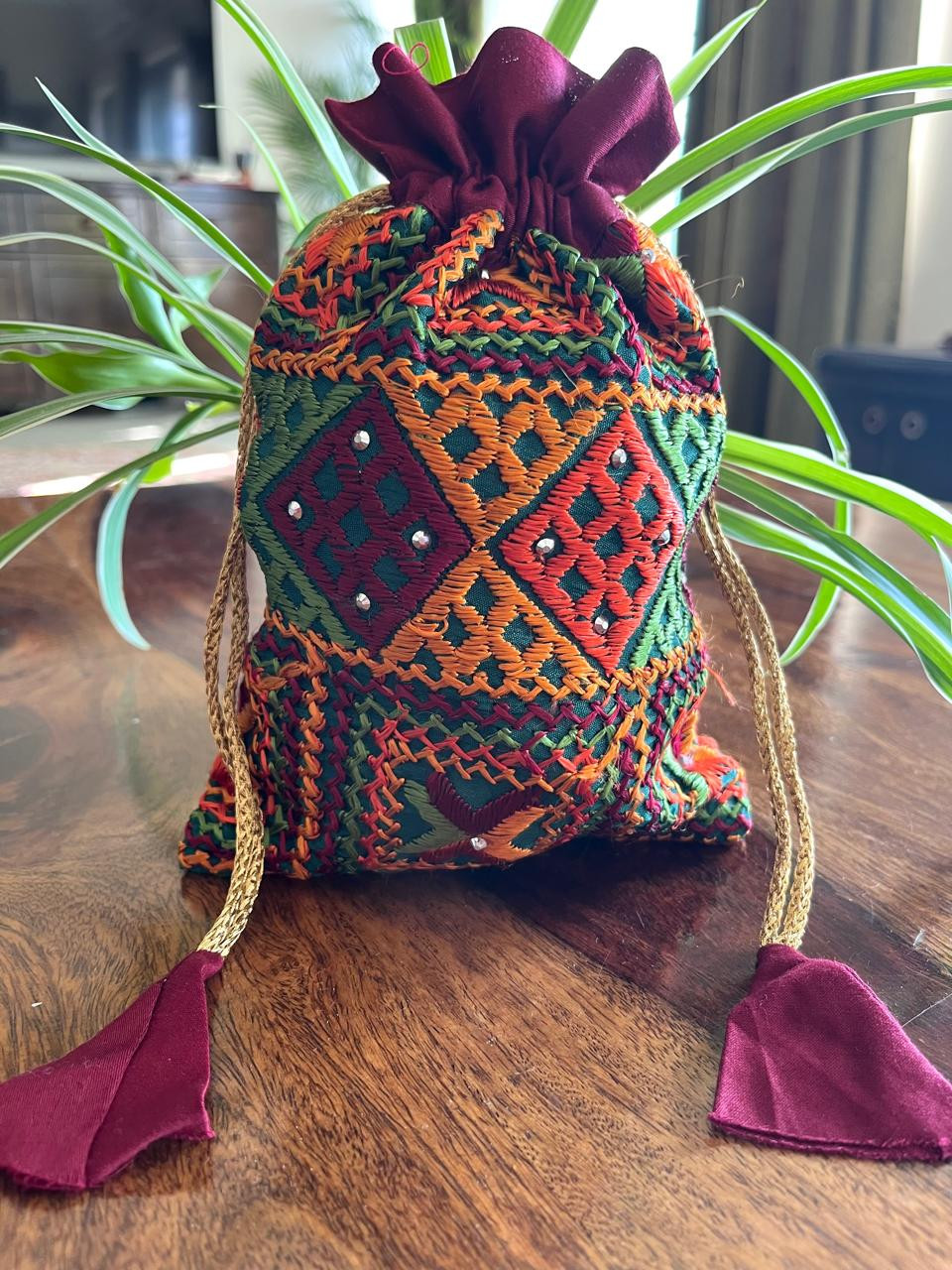 Beautiful hand embroidered cotton Phulkari Potli