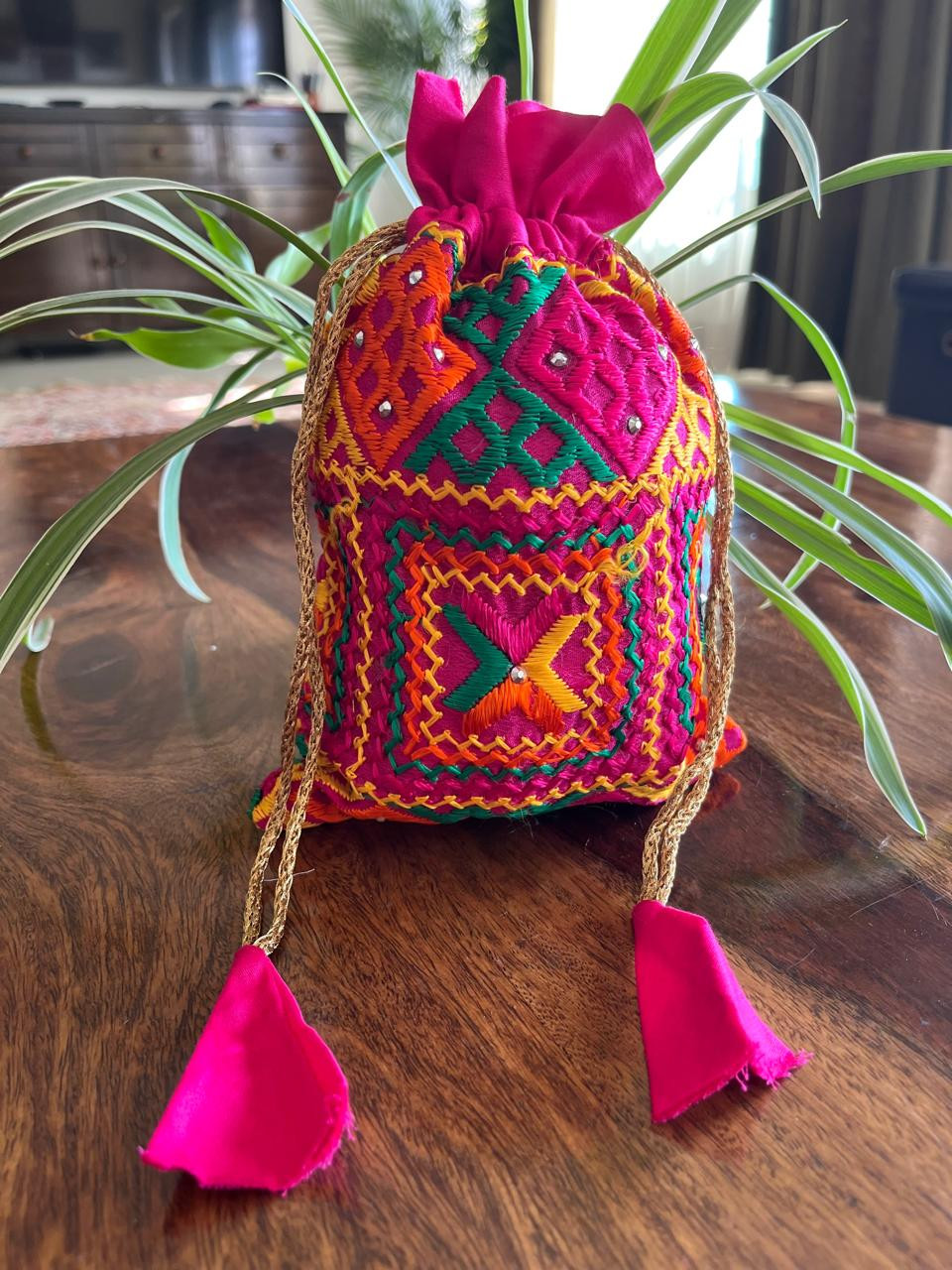 Beautiful hand embroidered cotton Phulkari Potli