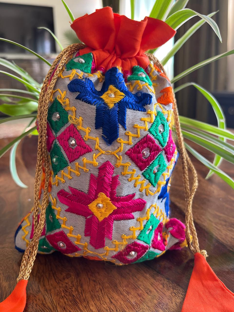 Beautiful hand embroidered cotton Phulkari Potli