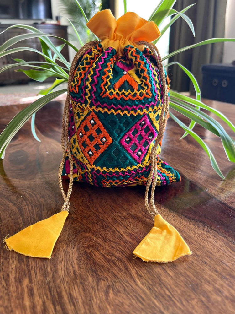 Image of Beautiful hand embroidered cotton Phulkari Potli