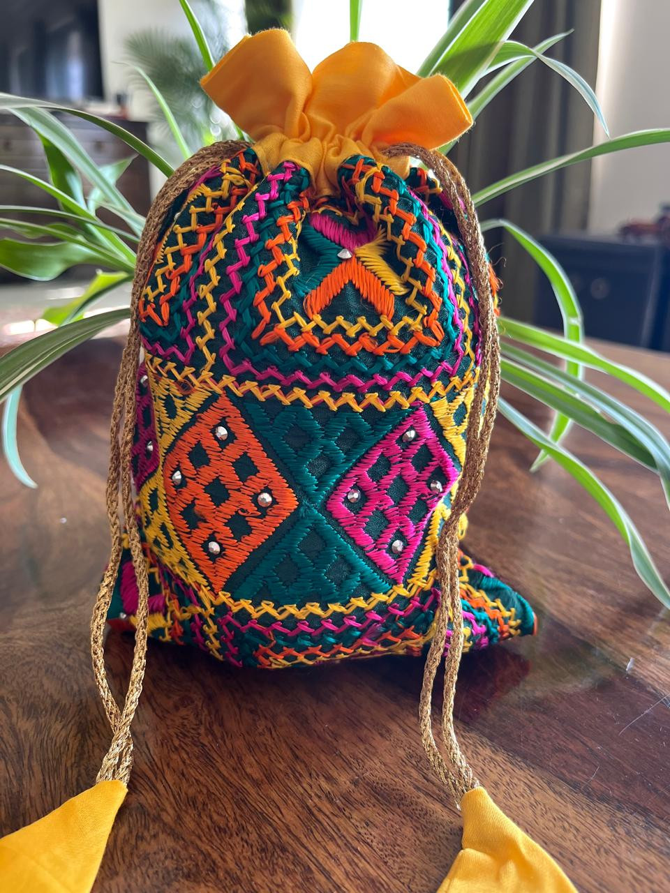 Beautiful hand embroidered cotton Phulkari Potli