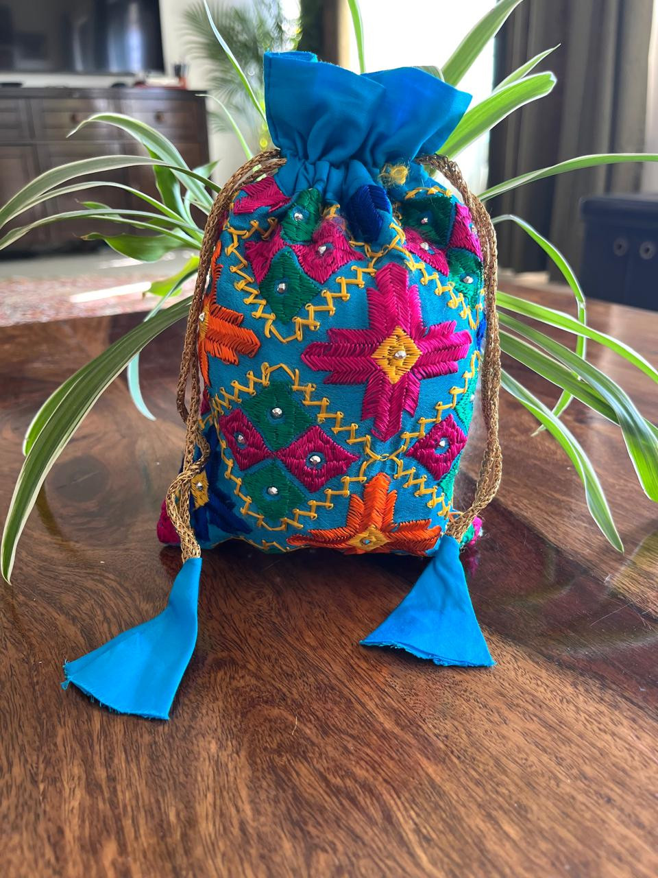 Beautiful hand embroidered cotton Phulkari Potli