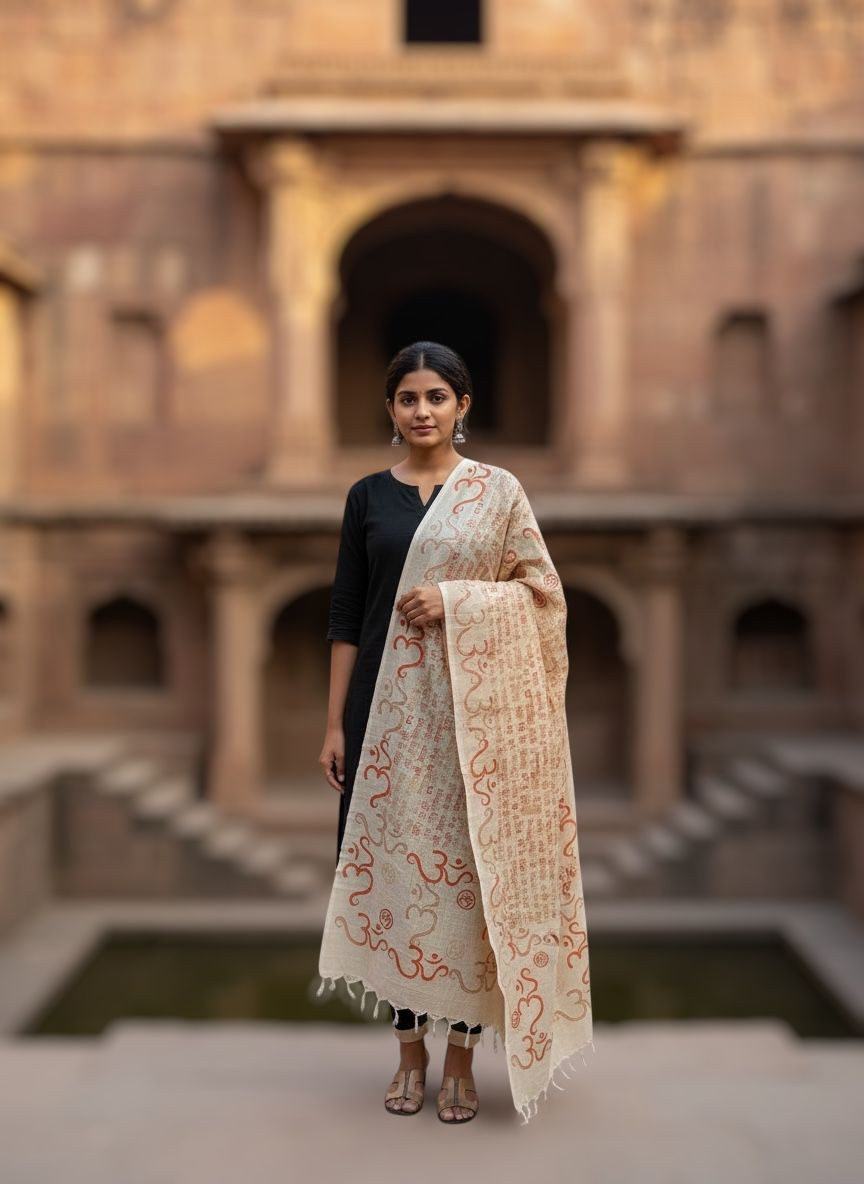 Beautiful Handblock Printed Dupatta - Gayatri Mantra and Om print - Beige with Orange