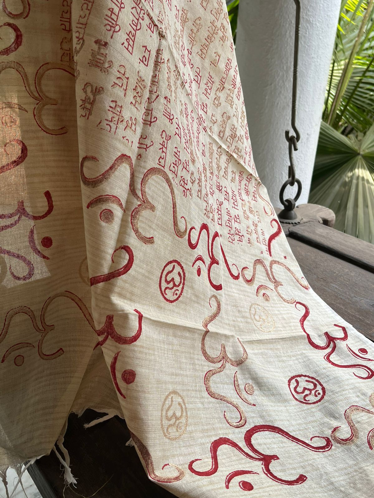 Beautiful Handblock Printed Dupatta - Gayatri Mantra and Om print - Beige with Red