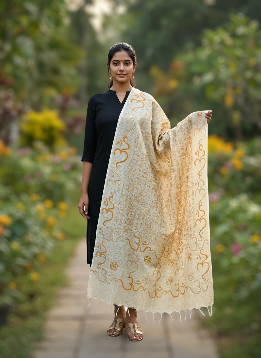 Beautiful Handblock Printed Dupatta - Gayatri Mantra and Om print - Beige With Yellow