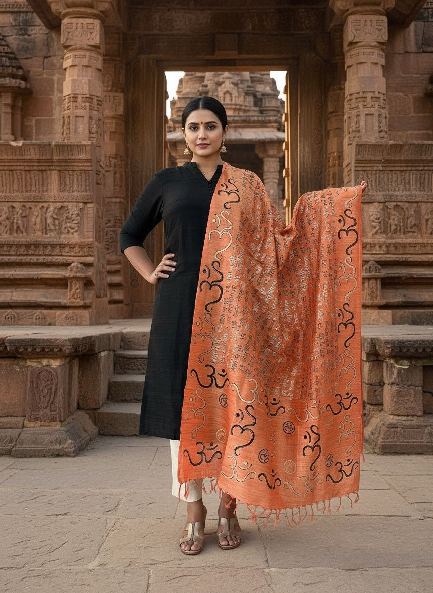 Beautiful Handblock Printed Dupatta - Gayatri Mantra and Om print - Orange