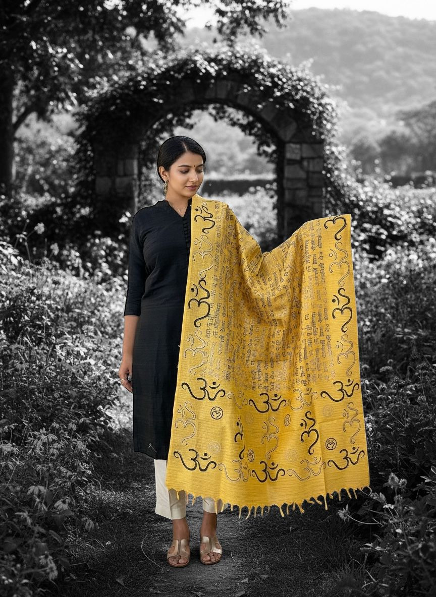 Beautiful Handblock Printed Dupatta - Gayatri Mantra and Om print - Yellow
