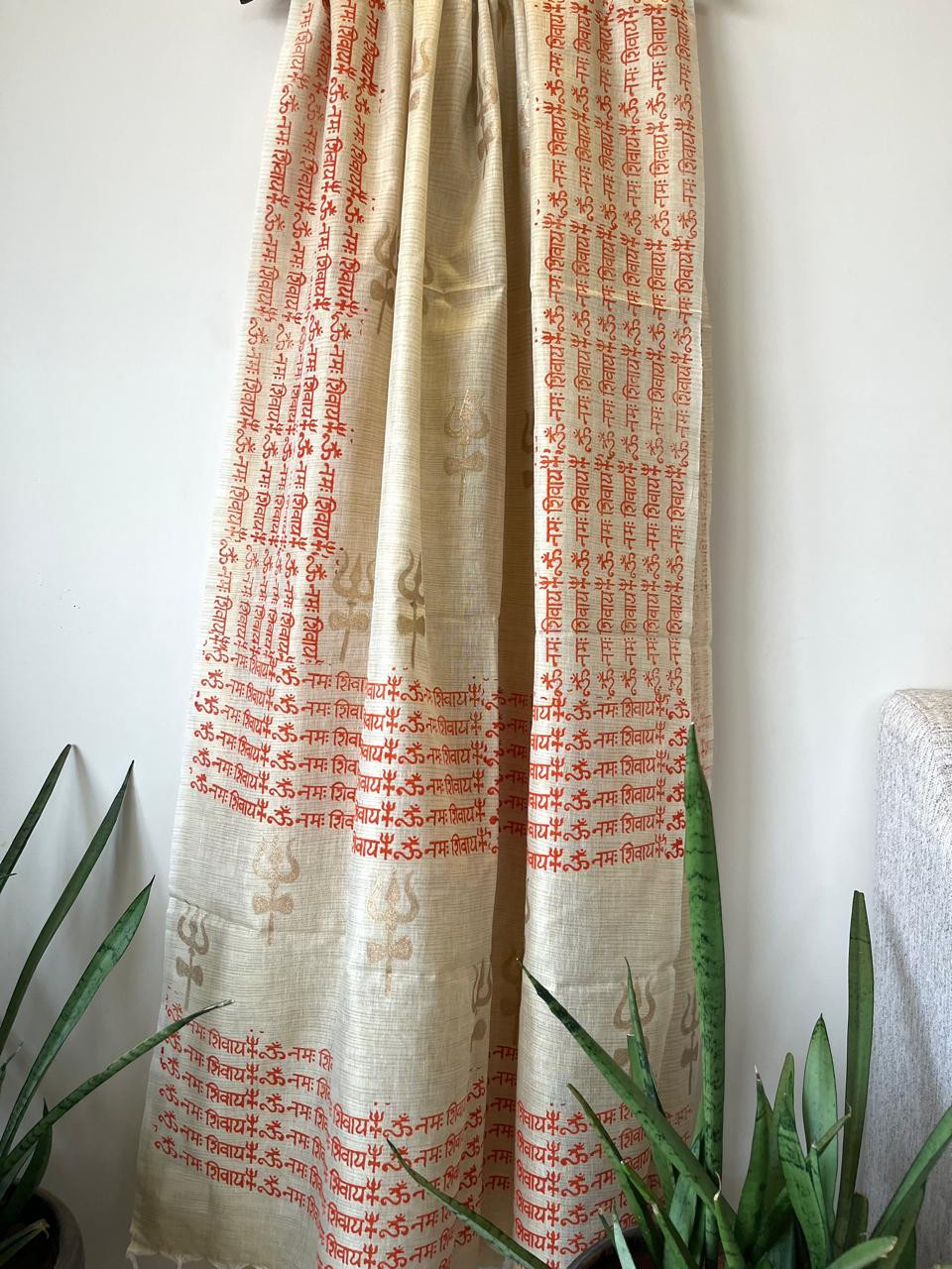 Beautiful Handblock Printed Dupatta - Om Namah Shivay print - Beige with Orange
