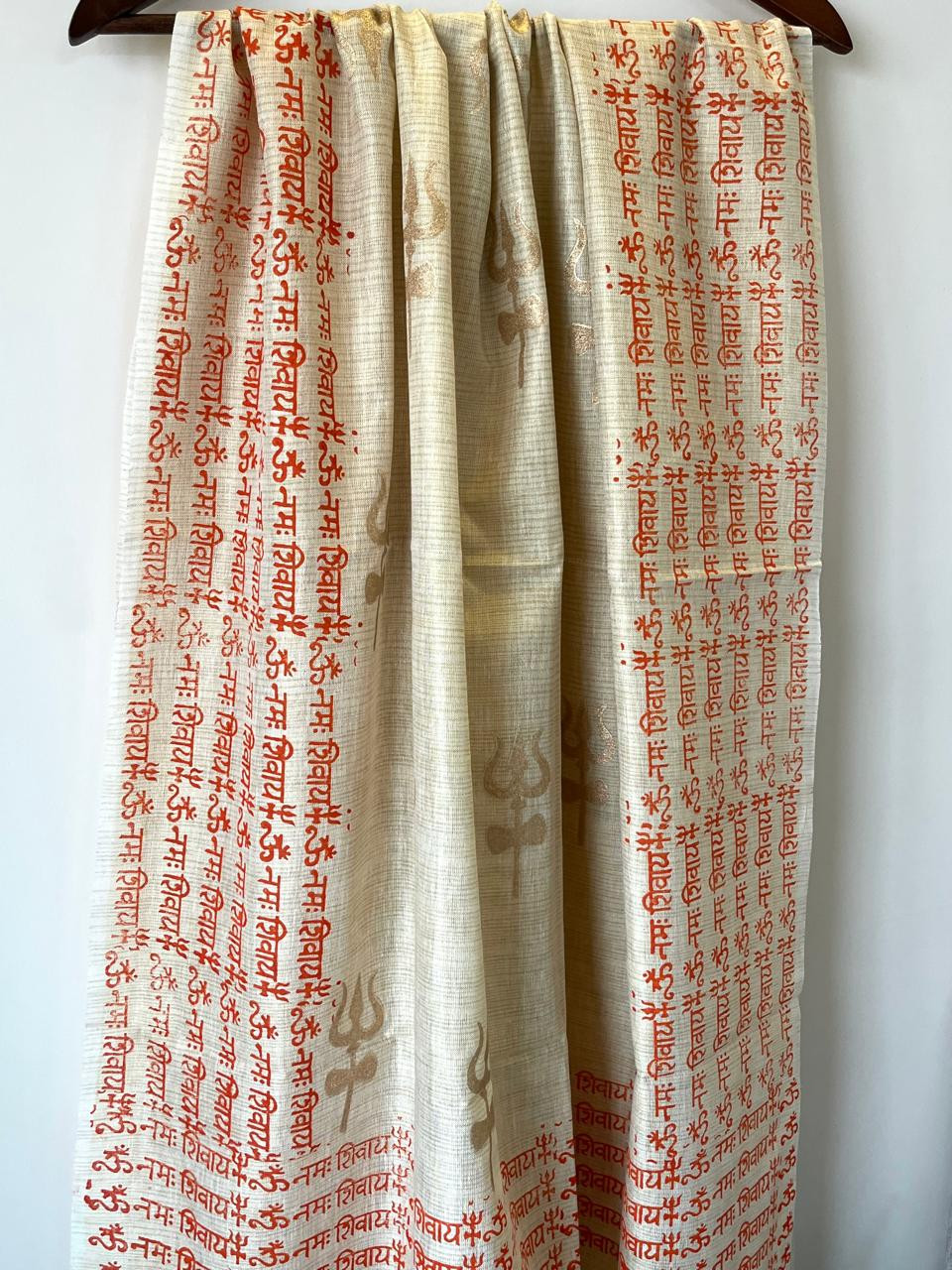 Beautiful Handblock Printed Dupatta - Om Namah Shivay print - Beige with Orange