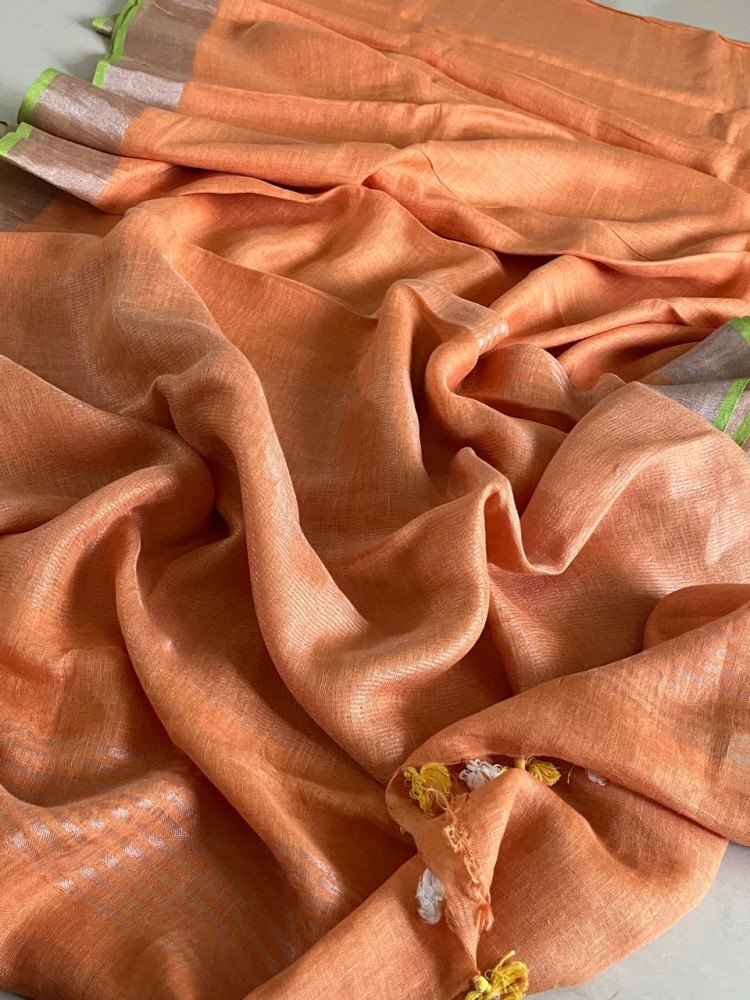 Image of Beautiful handloom festive linen saree with intricate zari weaving- Orange colour with Silver and Gold