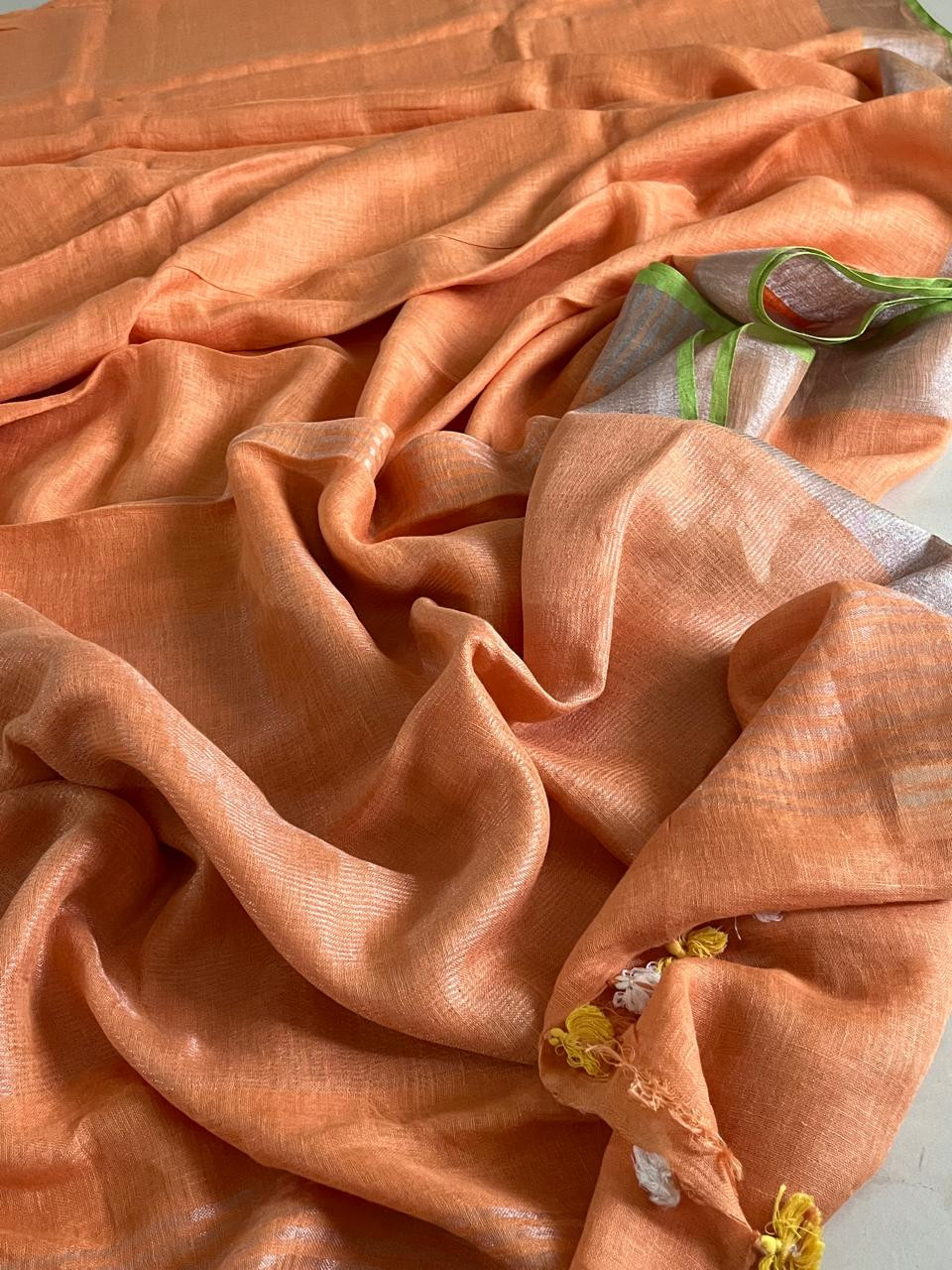 Beautiful handloom festive linen saree with intricate zari weaving- Orange colour with Silver and Gold