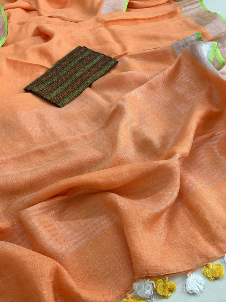 Image of Beautiful handloom festive linen saree with intricate zari weaving- Orange colour with Silver and Gold