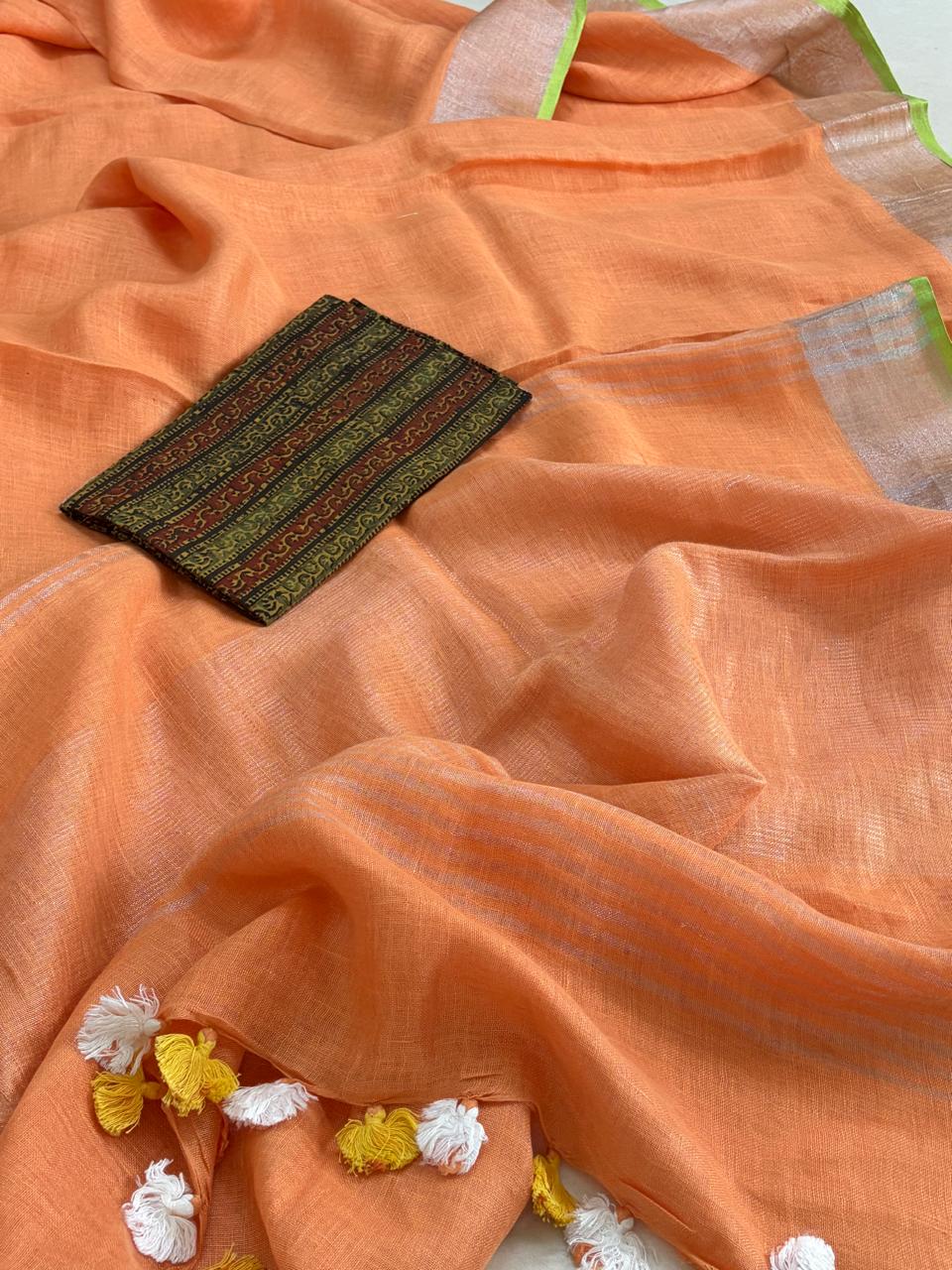 Beautiful handloom festive linen saree with intricate zari weaving- Orange colour with Silver and Gold