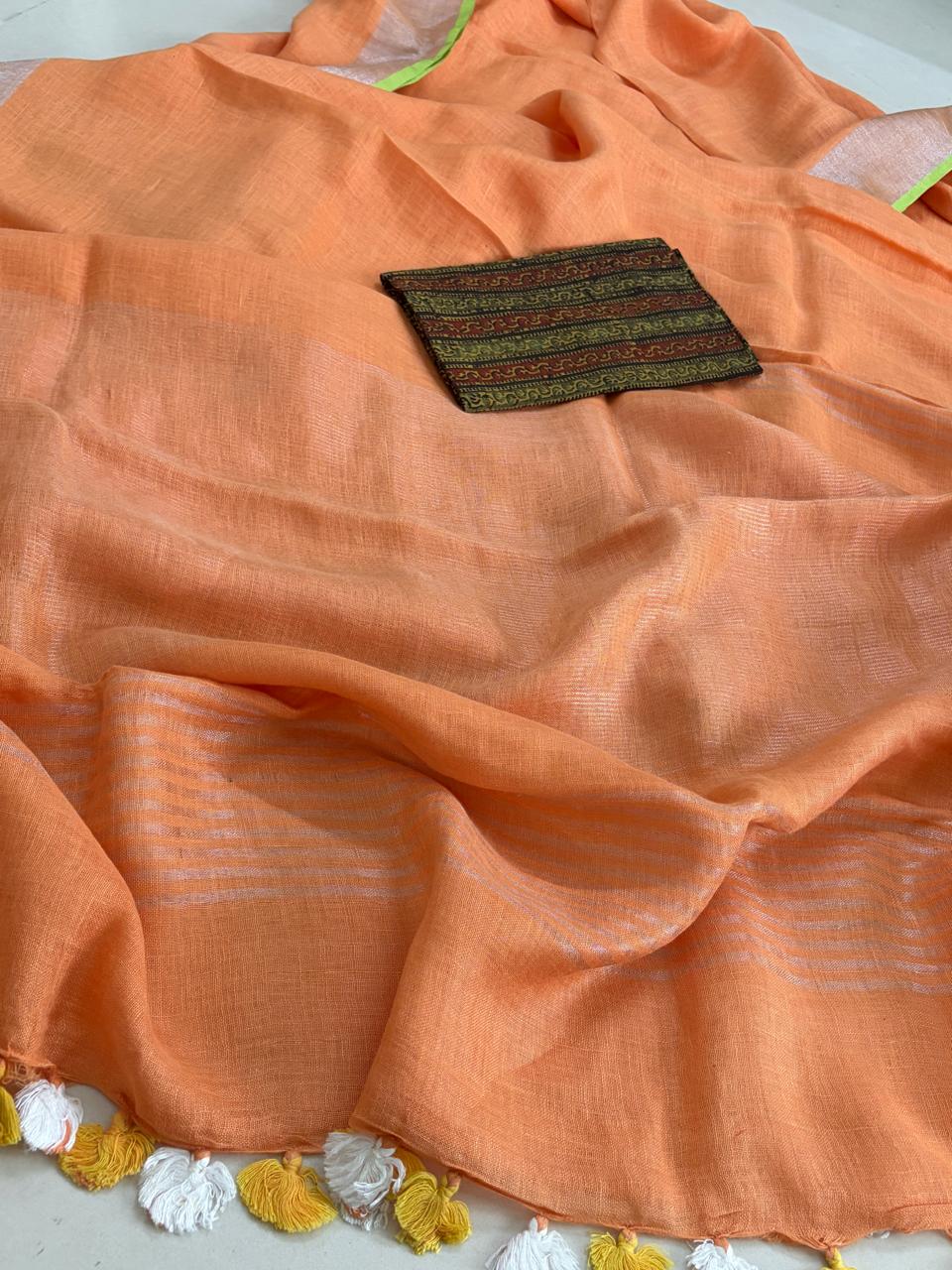Beautiful handloom festive linen saree with intricate zari weaving- Orange colour with Silver and Gold