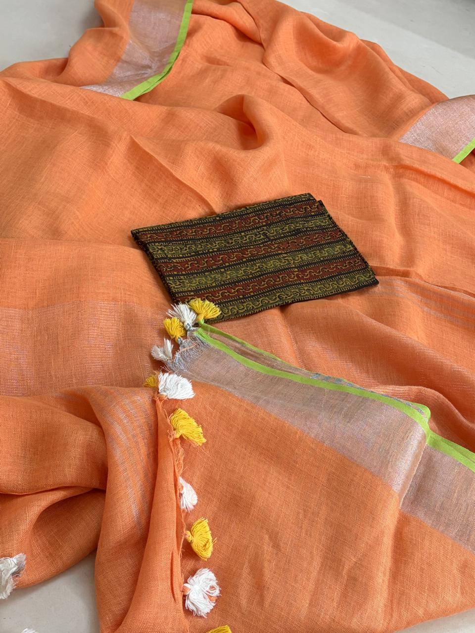 Beautiful handloom festive linen saree with intricate zari weaving- Orange colour with Silver and Gold