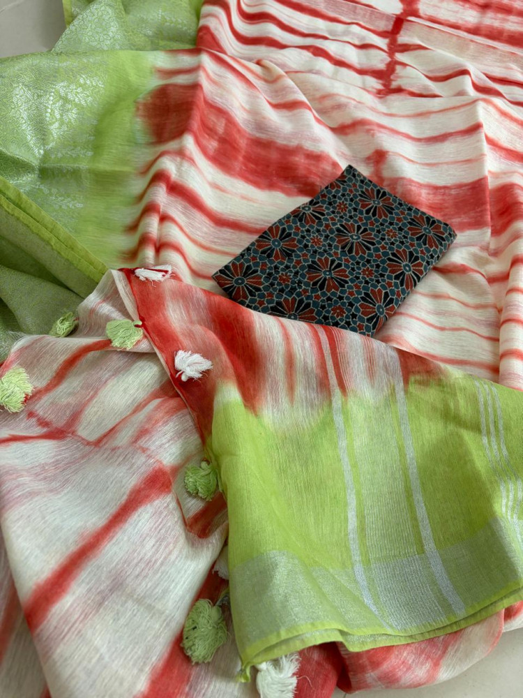 Image of Beautiful handloom festive linen saree with intricate zari border - Red, Green and White