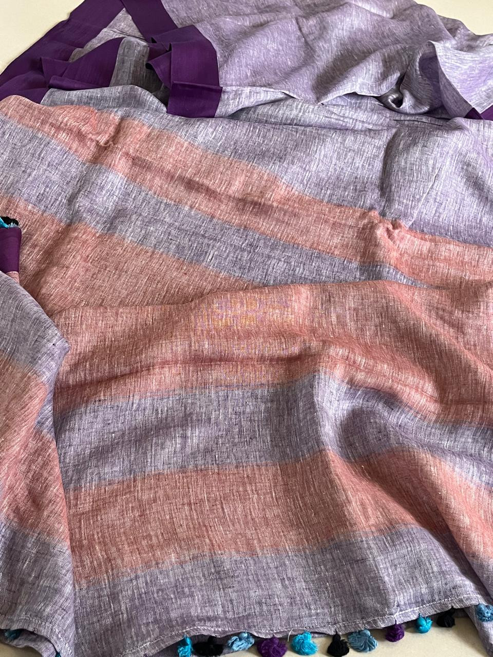 Handwoven Pastel Purple Linen Saree with tassels