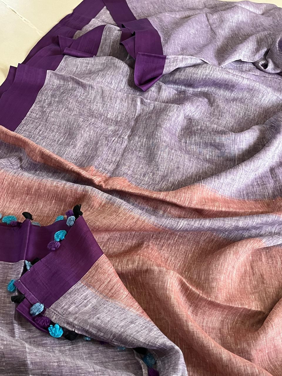 Handwoven Pastel Purple Linen Saree with tassels
