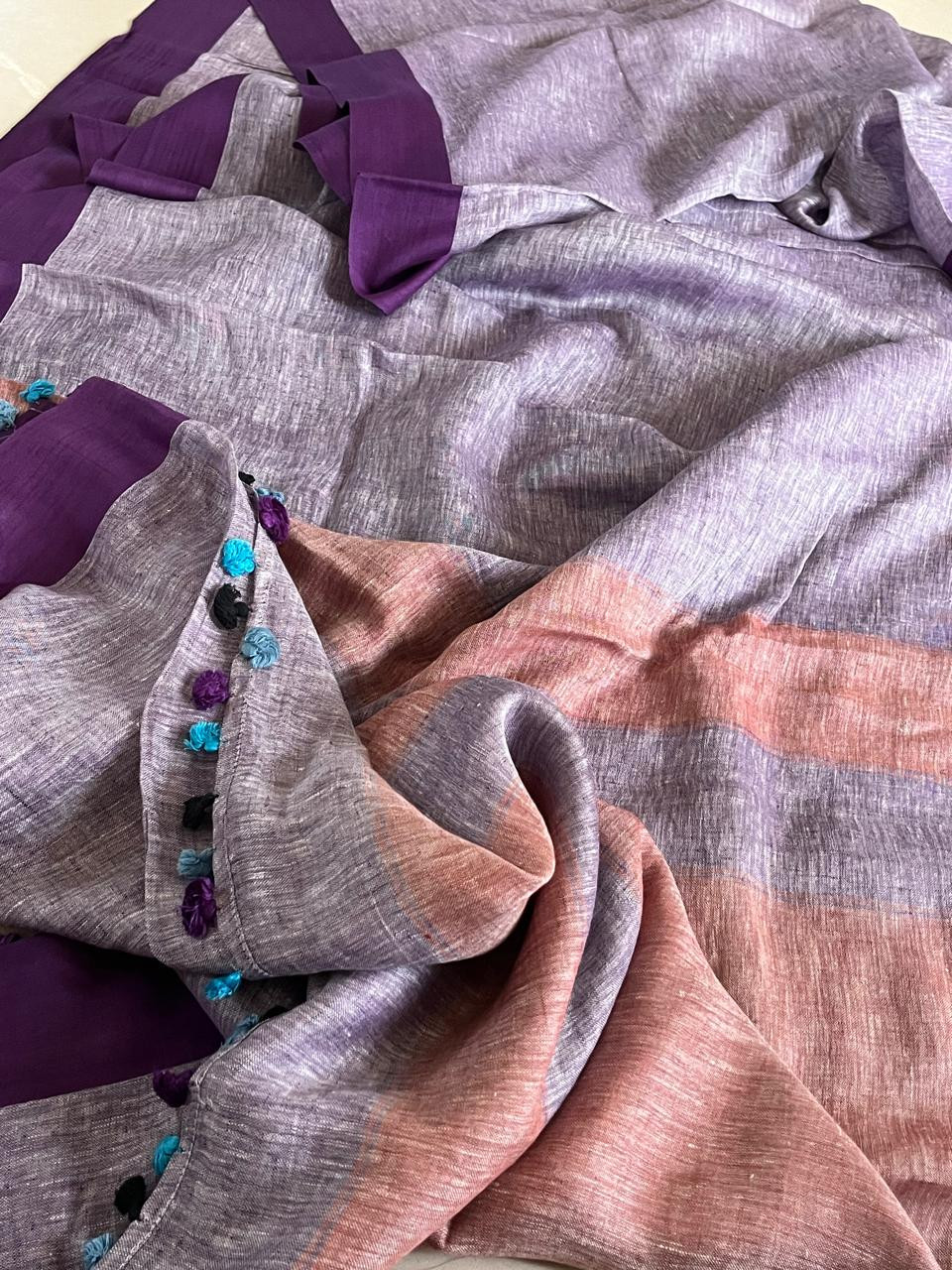 Handwoven Pastel Purple Linen Saree with tassels