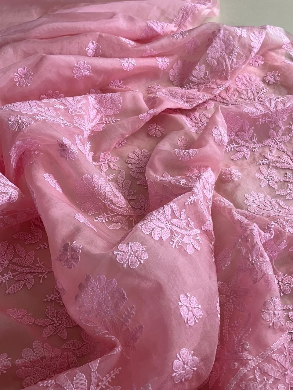 Beautiful Organza Saree with Hand Chikankari Embroidery - Blush Pink