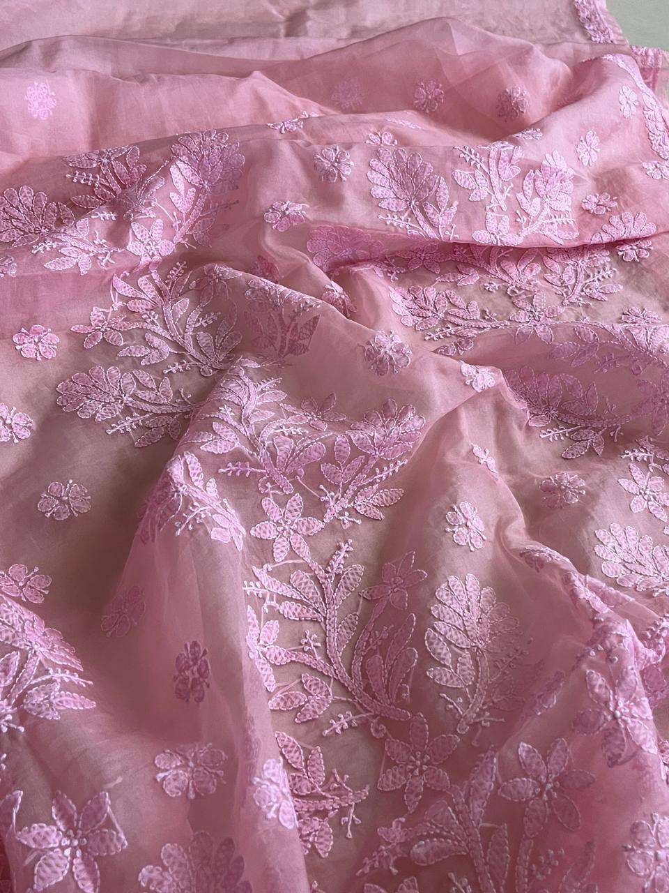 Beautiful Organza Saree with Hand Chikankari Embroidery - Blush Pink