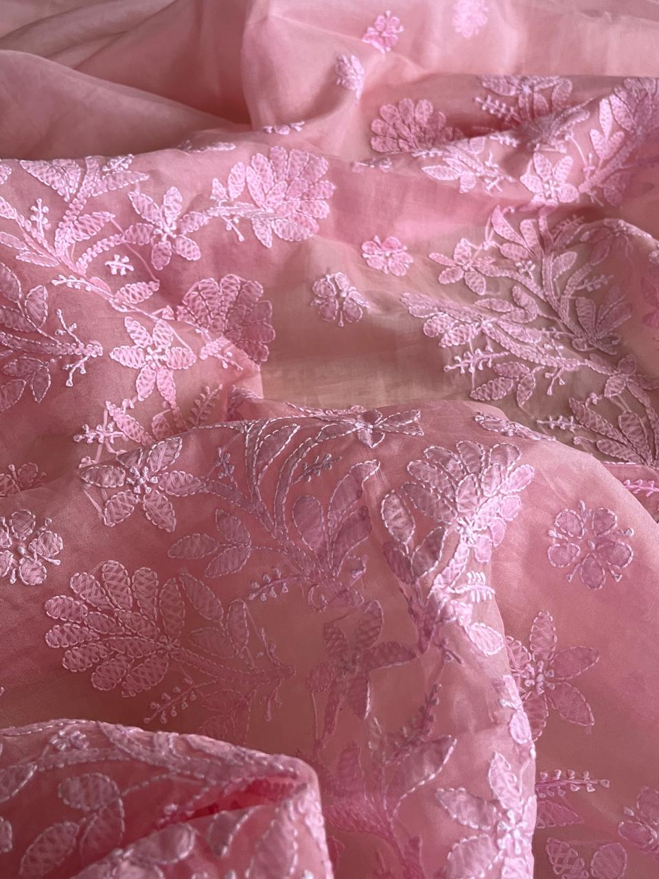 Beautiful Organza Saree with Hand Chikankari Embroidery - Blush Pink