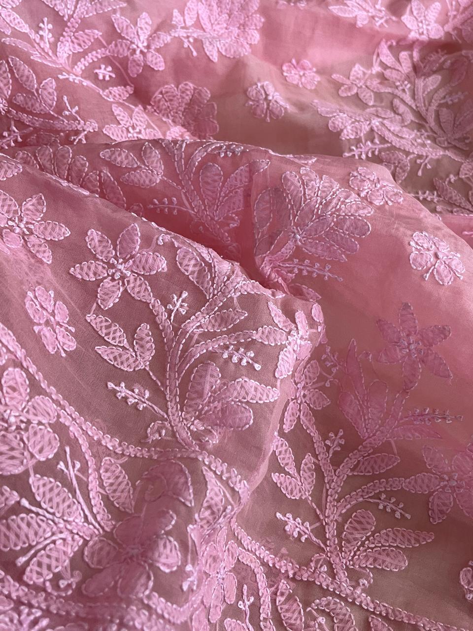Beautiful Organza Saree with Hand Chikankari Embroidery - Blush Pink