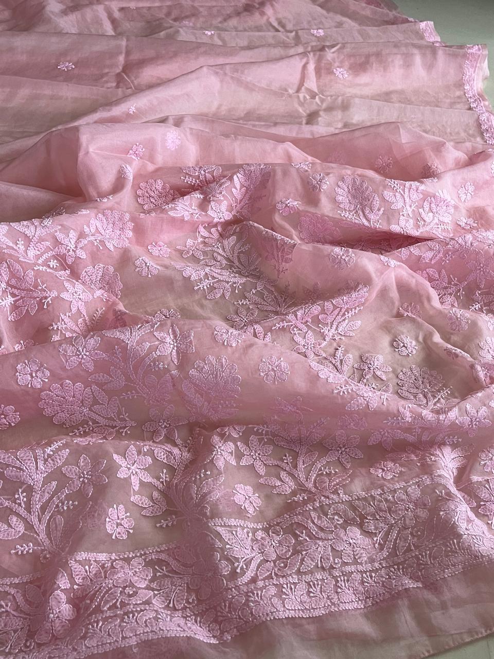 Beautiful Organza Saree with Hand Chikankari Embroidery - Blush Pink