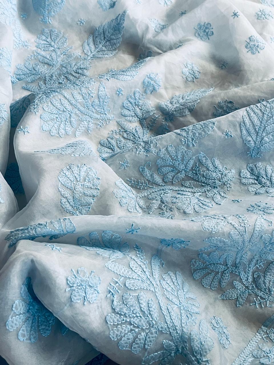 Beautiful Organza Saree with Hand Chikankari Embroidery - Icy Blue