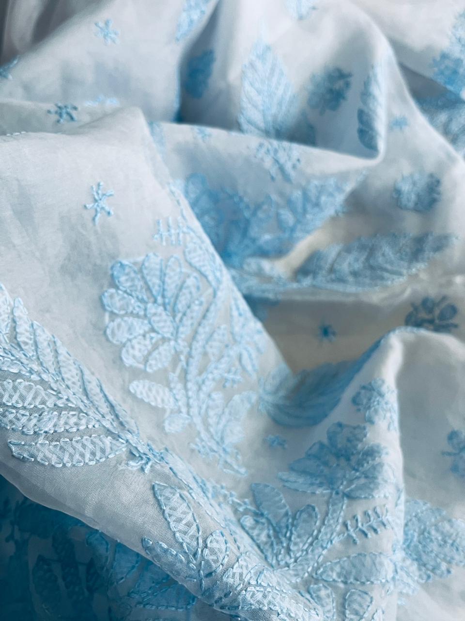 Beautiful Organza Saree with Hand Chikankari Embroidery - Icy Blue