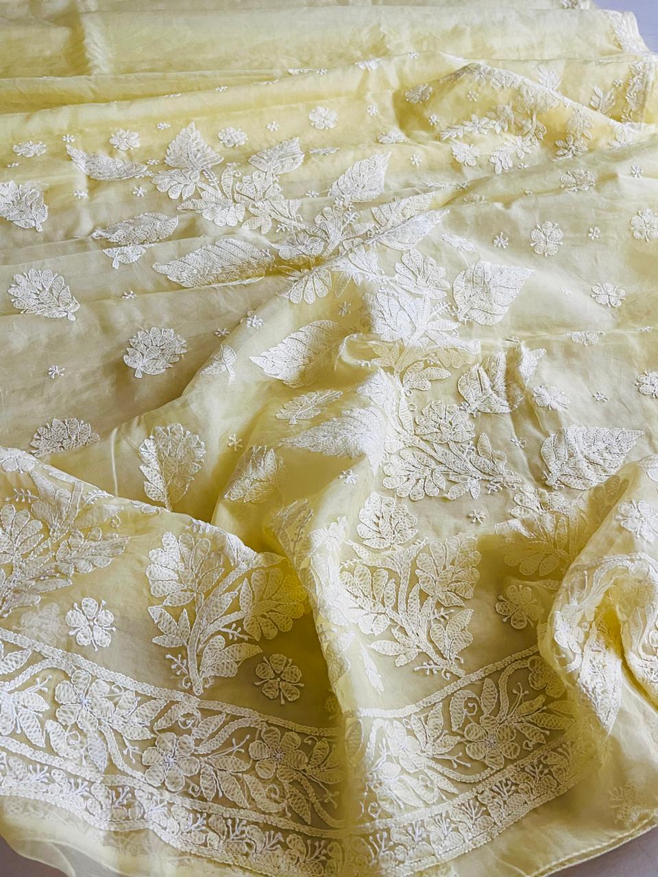 Beautiful Organza Saree with Hand Chikankari Embroidery - Lemon Sorbet