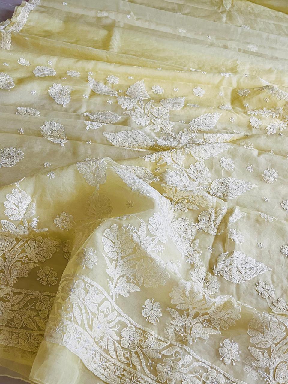 Beautiful Organza Saree with Hand Chikankari Embroidery - Lemon Sorbet