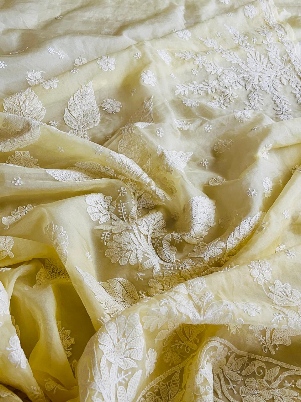 Beautiful Organza Saree with Hand Chikankari Embroidery - Lemon Sorbet