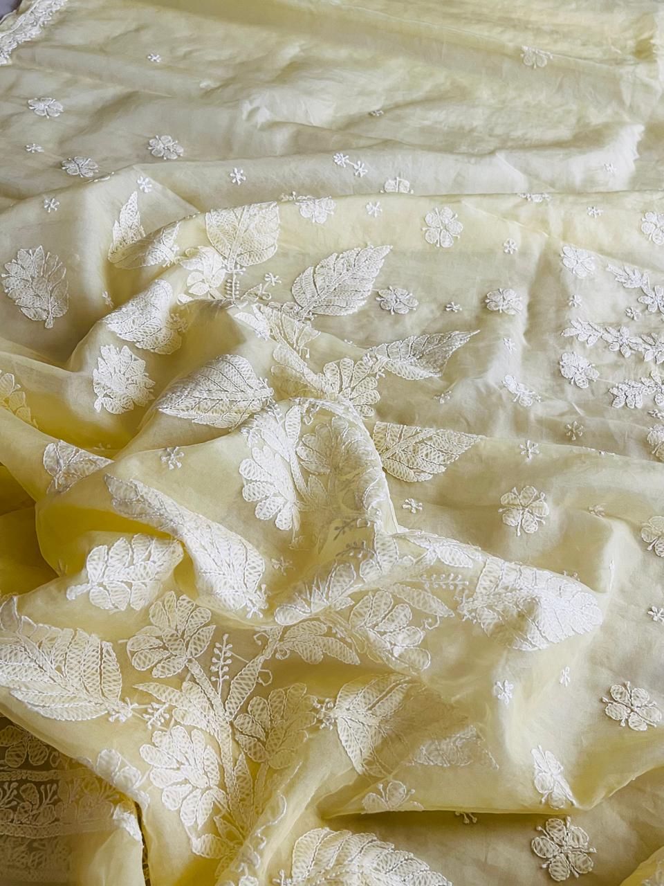 Beautiful Organza Saree with Hand Chikankari Embroidery - Lemon Sorbet