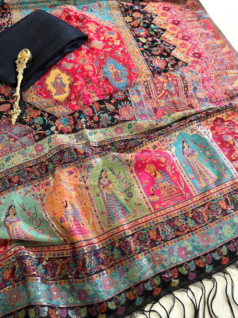 Beautiful Pure Silk Handwoven Kani Weave dupatta sets - With Black Kurta