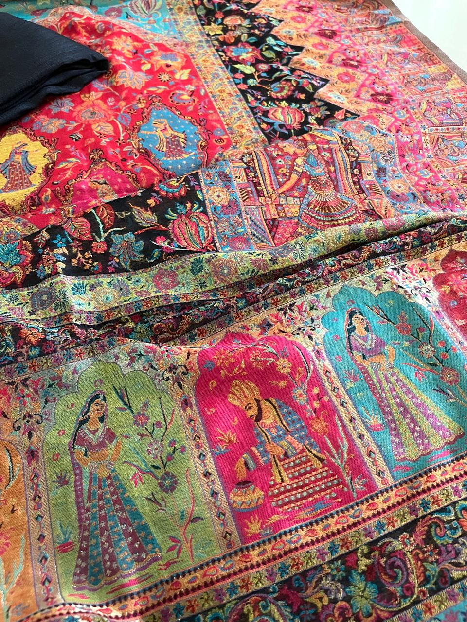 Beautiful Pure Silk Handwoven Kani Weave dupatta sets - With Black Kurta