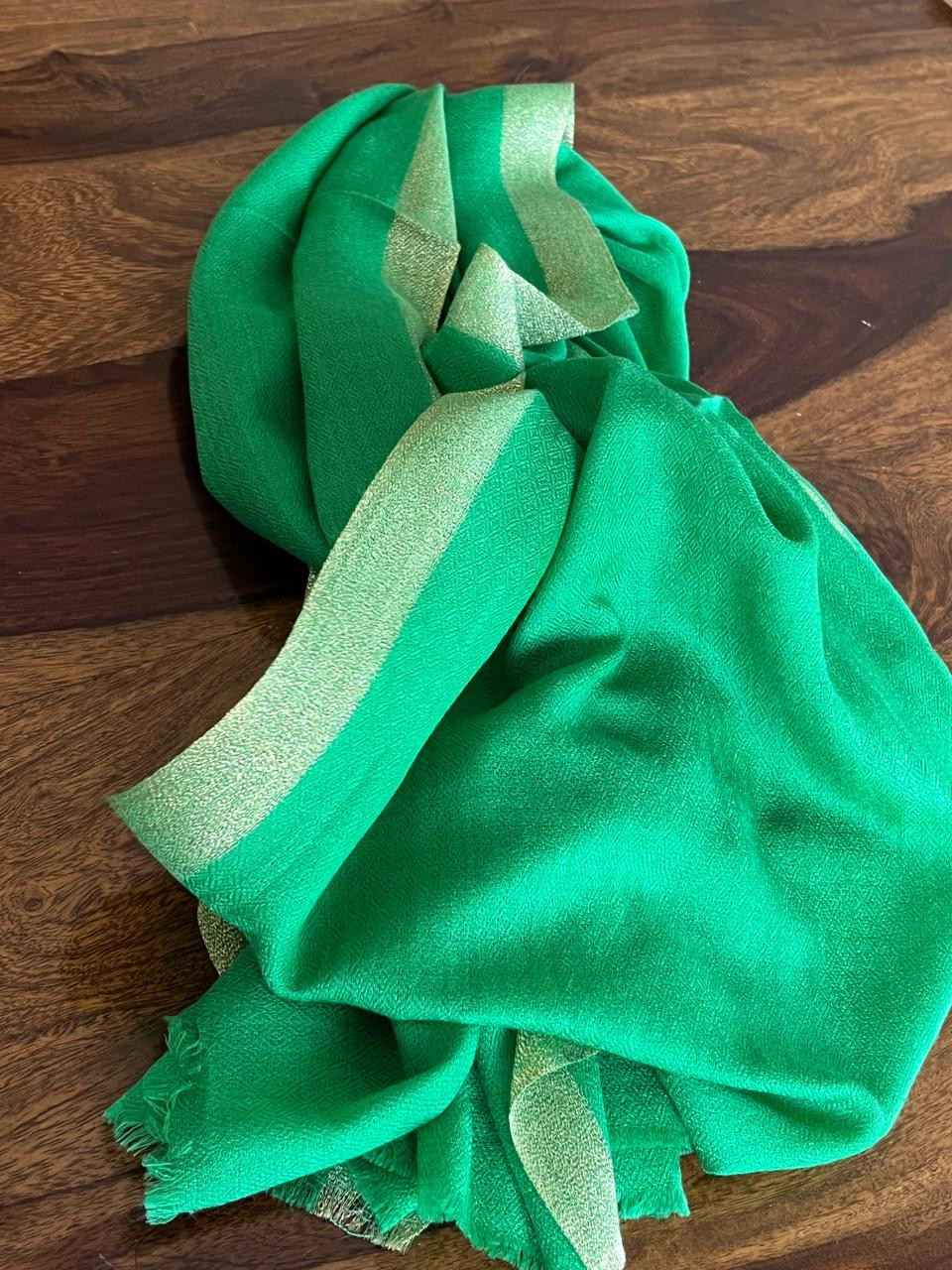 Beautiful Pure Wool Stole with thin contrast border - Green with Gold border