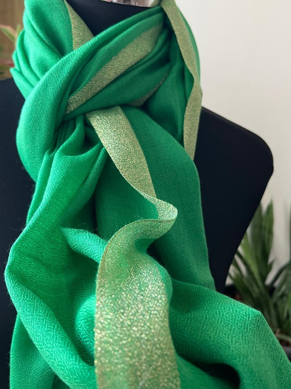 Beautiful Pure Wool Stole with thin contrast border - Green with Gold border