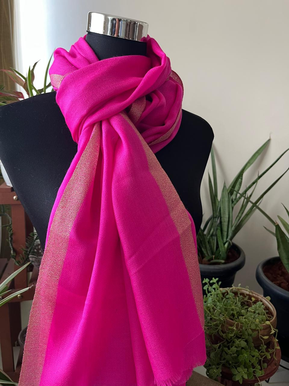 Beautiful Pure Wool Stole with thin contrast border - Magenta with Gold border