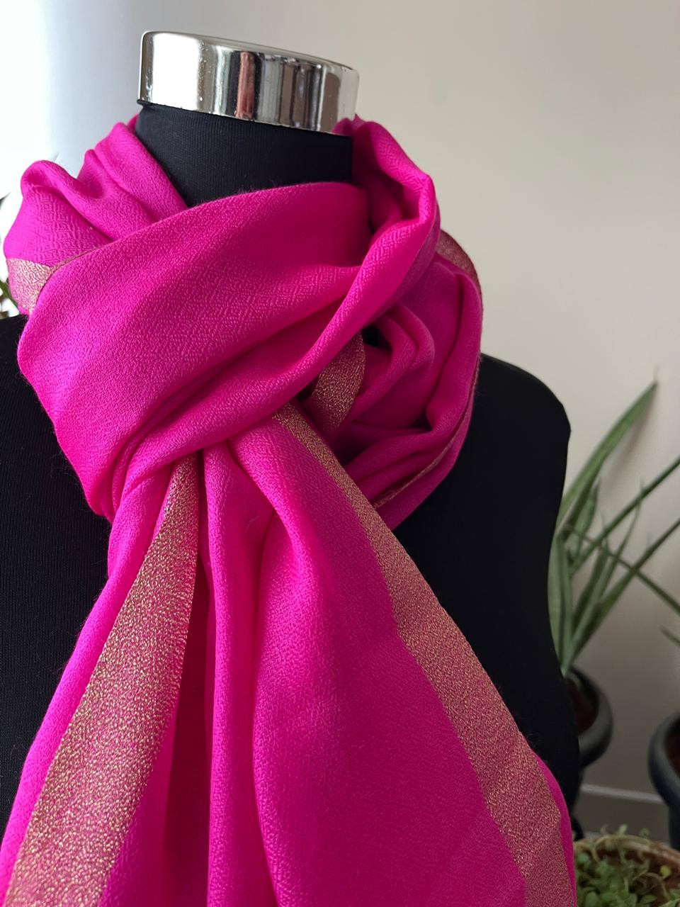 Beautiful Pure Wool Stole with thin contrast border - Magenta with Gold border