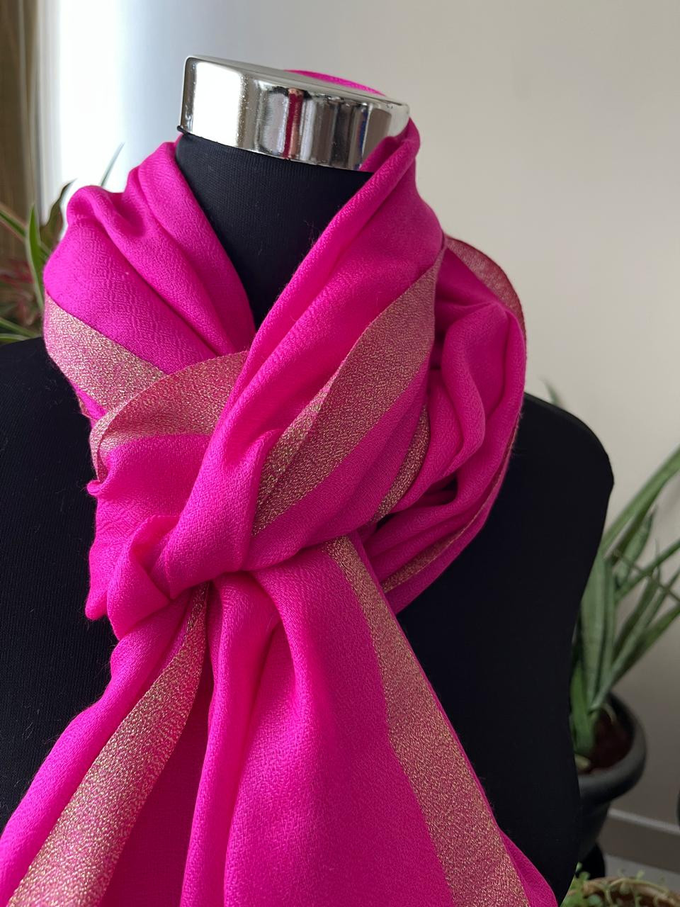 Beautiful Pure Wool Stole with thin contrast border - Magenta with Gold border