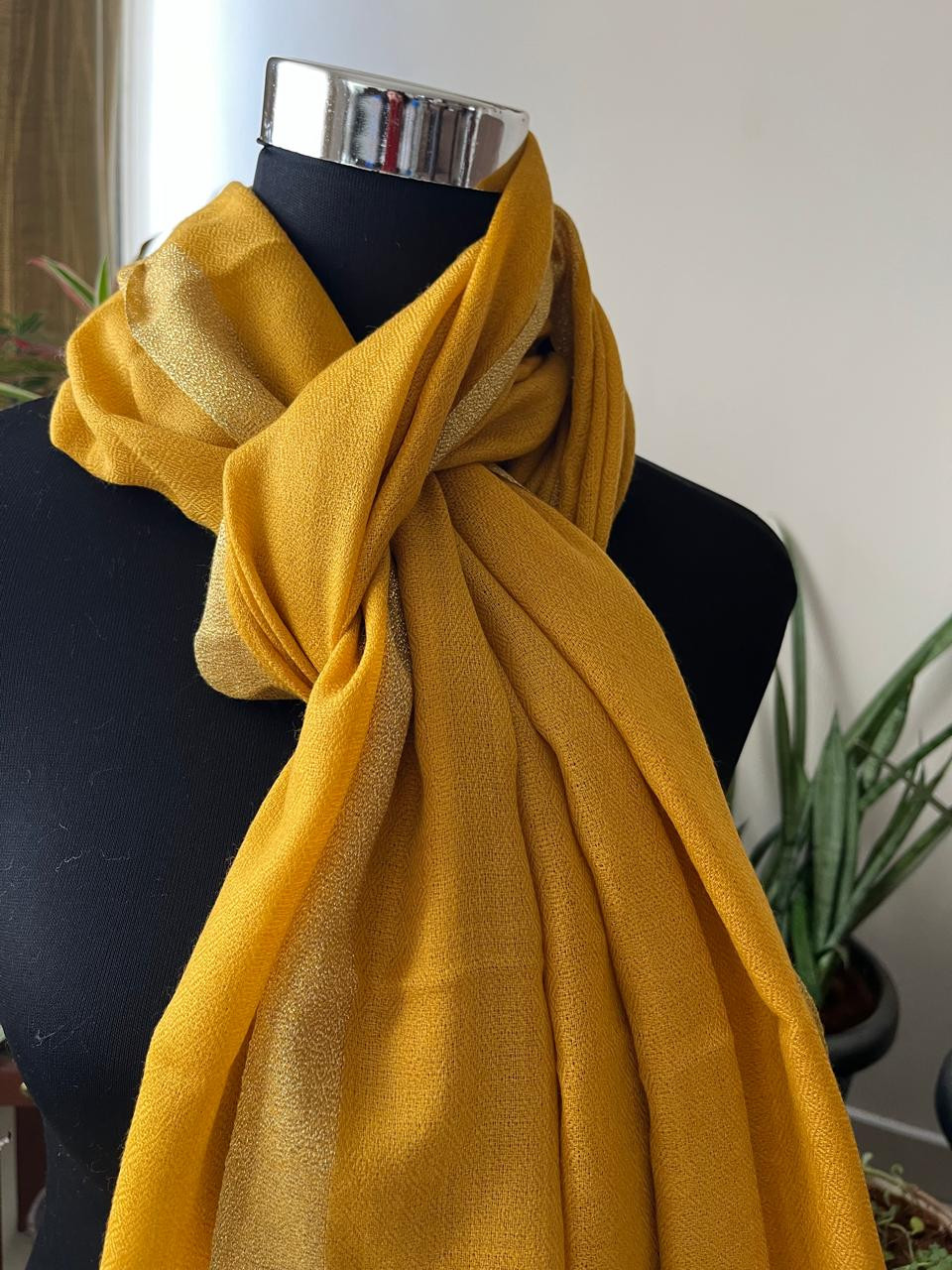 Beautiful Pure Wool Stole with thin contrast border - Yellow with Gold border