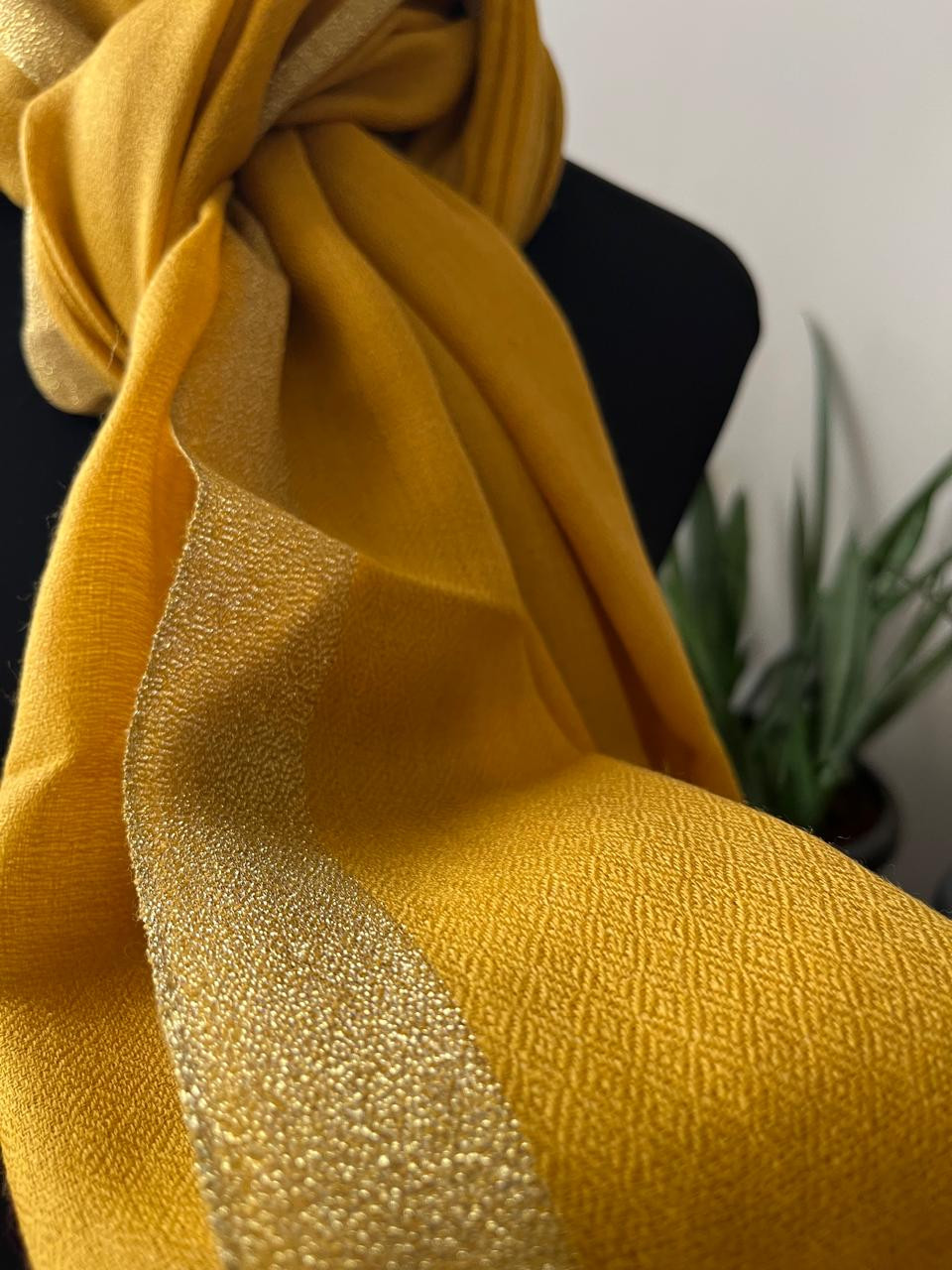 Beautiful Pure Wool Stole with thin contrast border - Yellow with Gold border