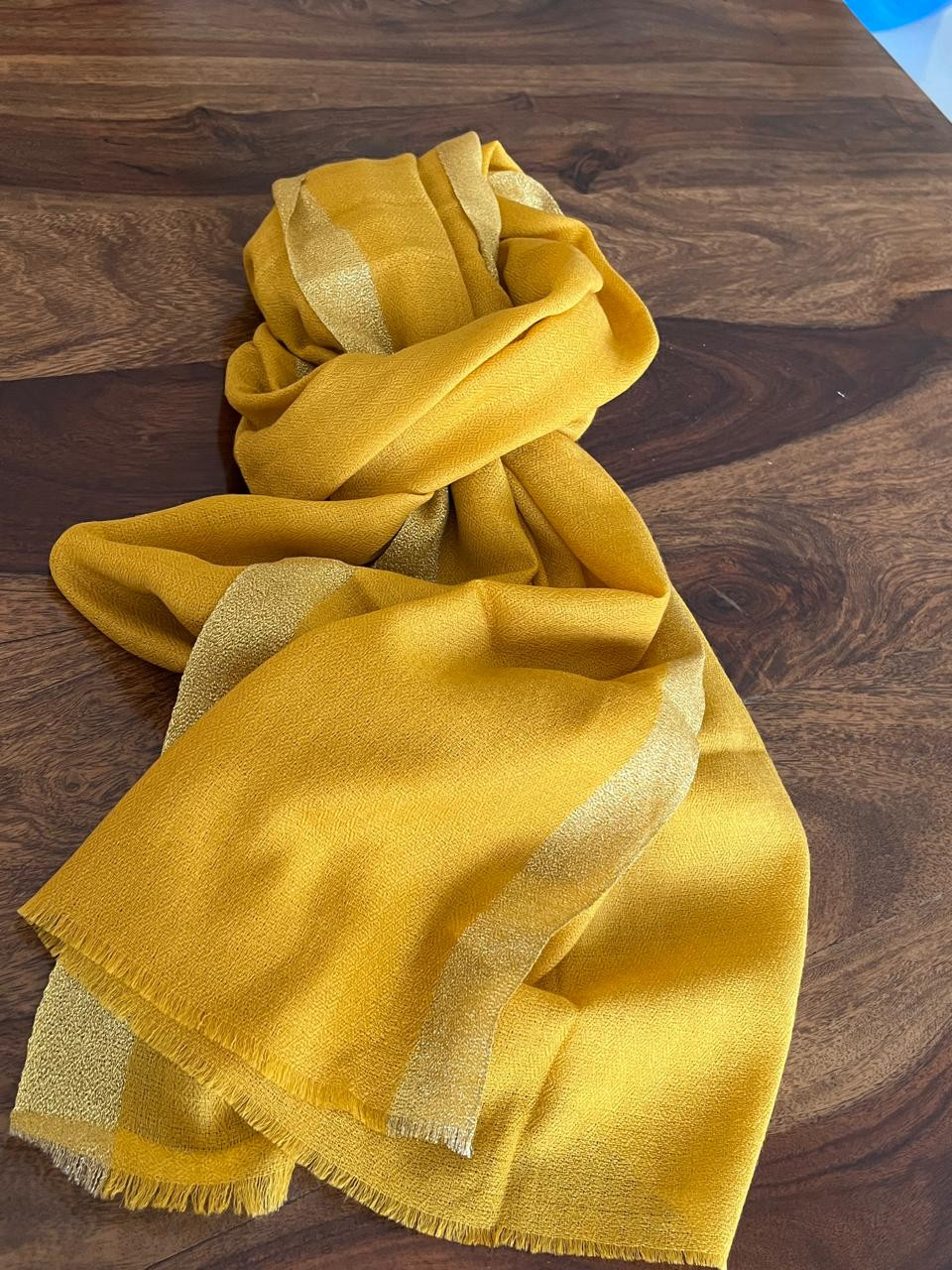Beautiful Pure Wool Stole with thin contrast border - Yellow with Gold border