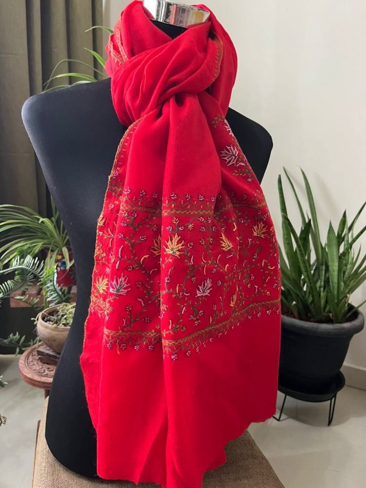 Image of Beautiful Sozni Embroidered Handcrafted Woollen Stoles -  Bright Red