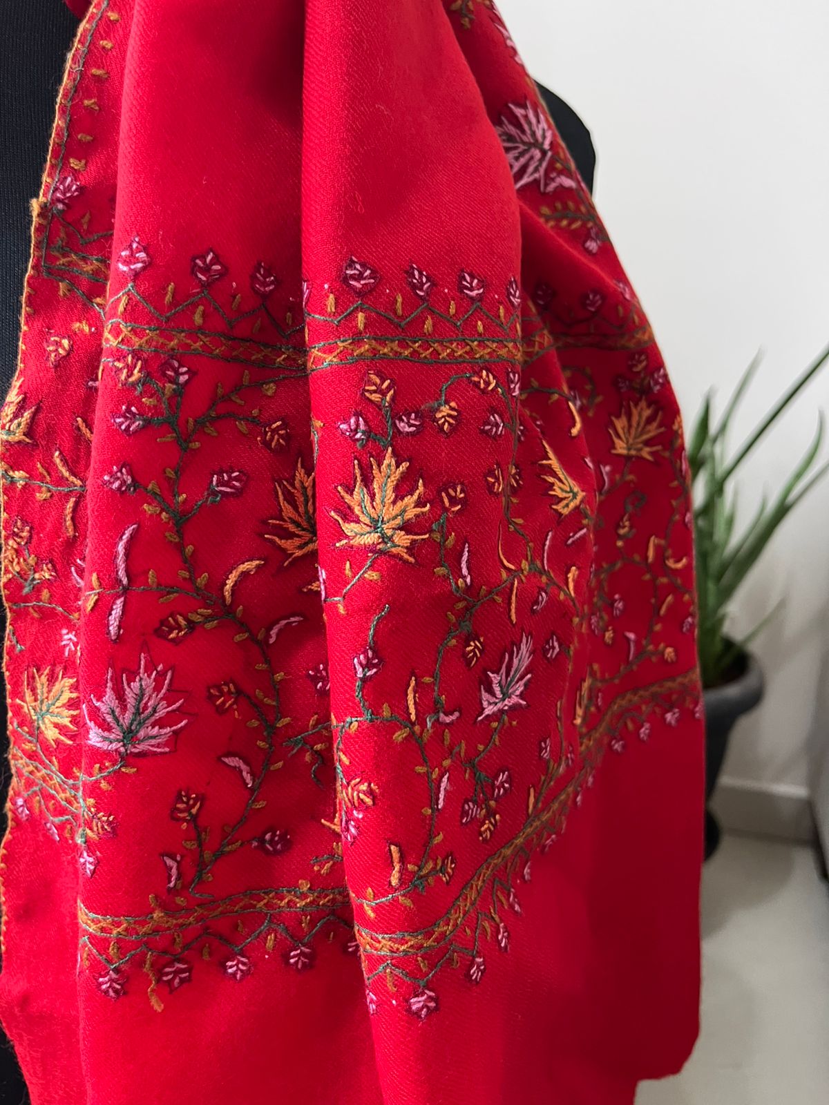 Beautiful Sozni Embroidered Handcrafted Woollen Stoles -  Bright Red