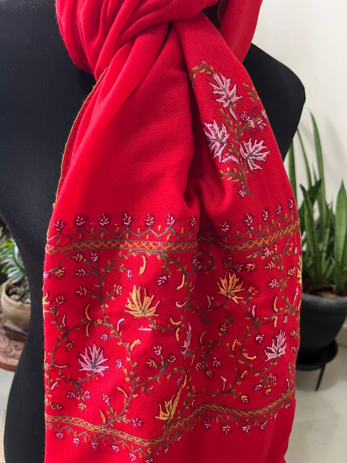 Beautiful Sozni Embroidered Handcrafted Woollen Stoles - Bright Red