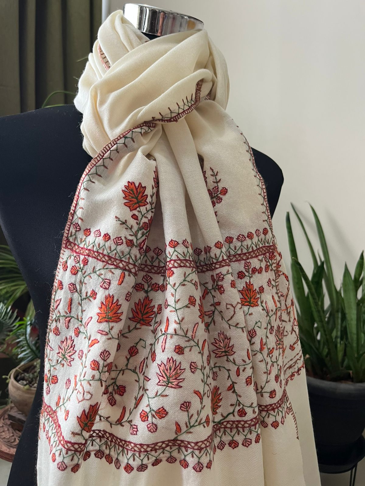 Beautiful Sozni Embroidered Handcrafted Woollen Stoles - Ivory White