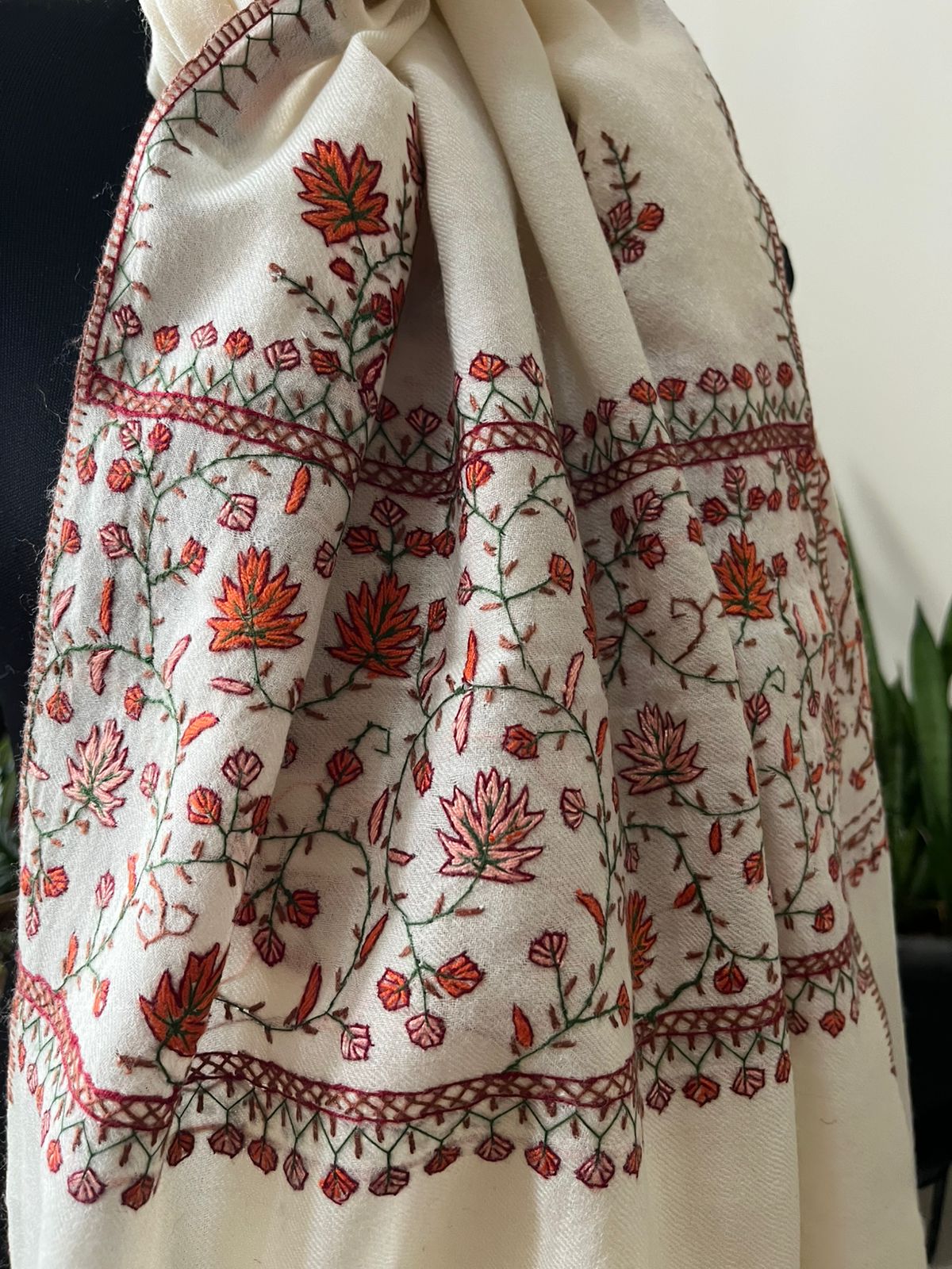 Beautiful Sozni Embroidered Handcrafted Woollen Stoles - Ivory White